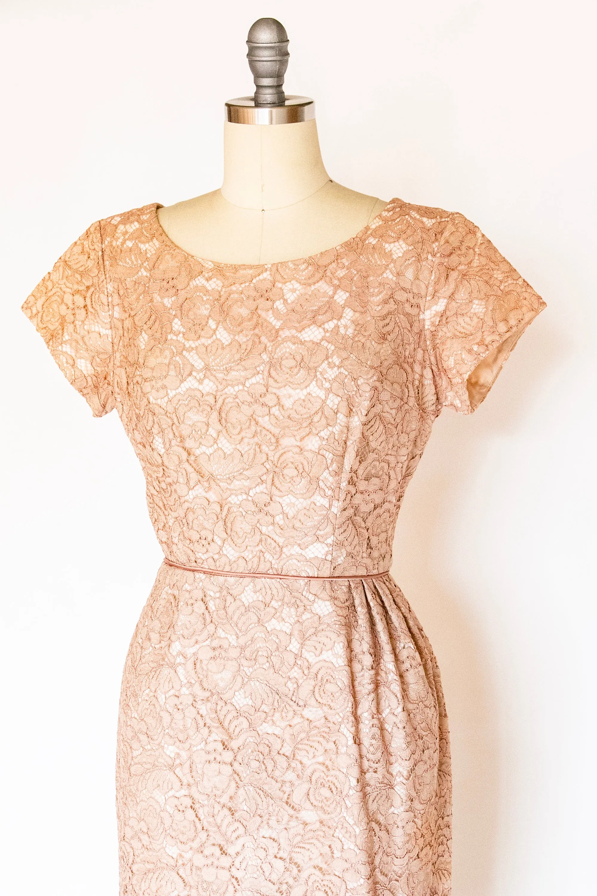 1950s Dress Beige Champagne Lace S/M