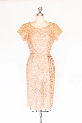 1950s Dress Beige Champagne Lace S/M