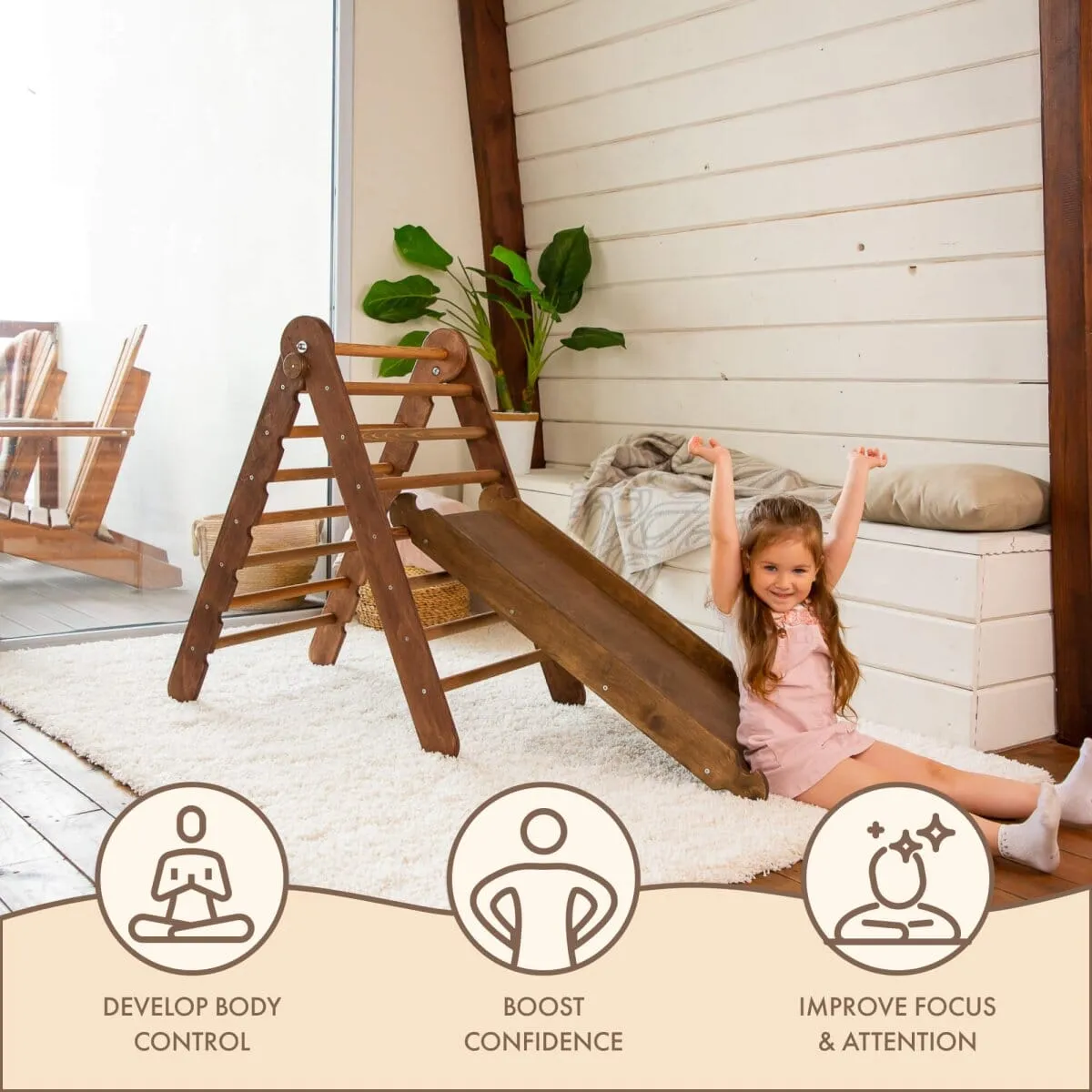 2in1 Montessori Climbing Frame Set: Triangle Ladder   Slide Board/Ramp | Chocolate