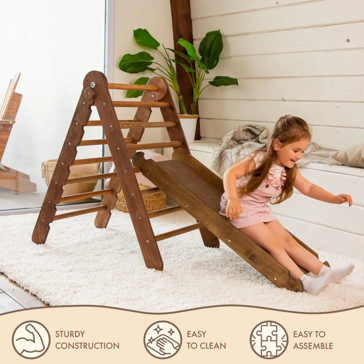 2in1 Montessori Climbing Frame Set: Triangle Ladder   Slide Board/Ramp | Chocolate