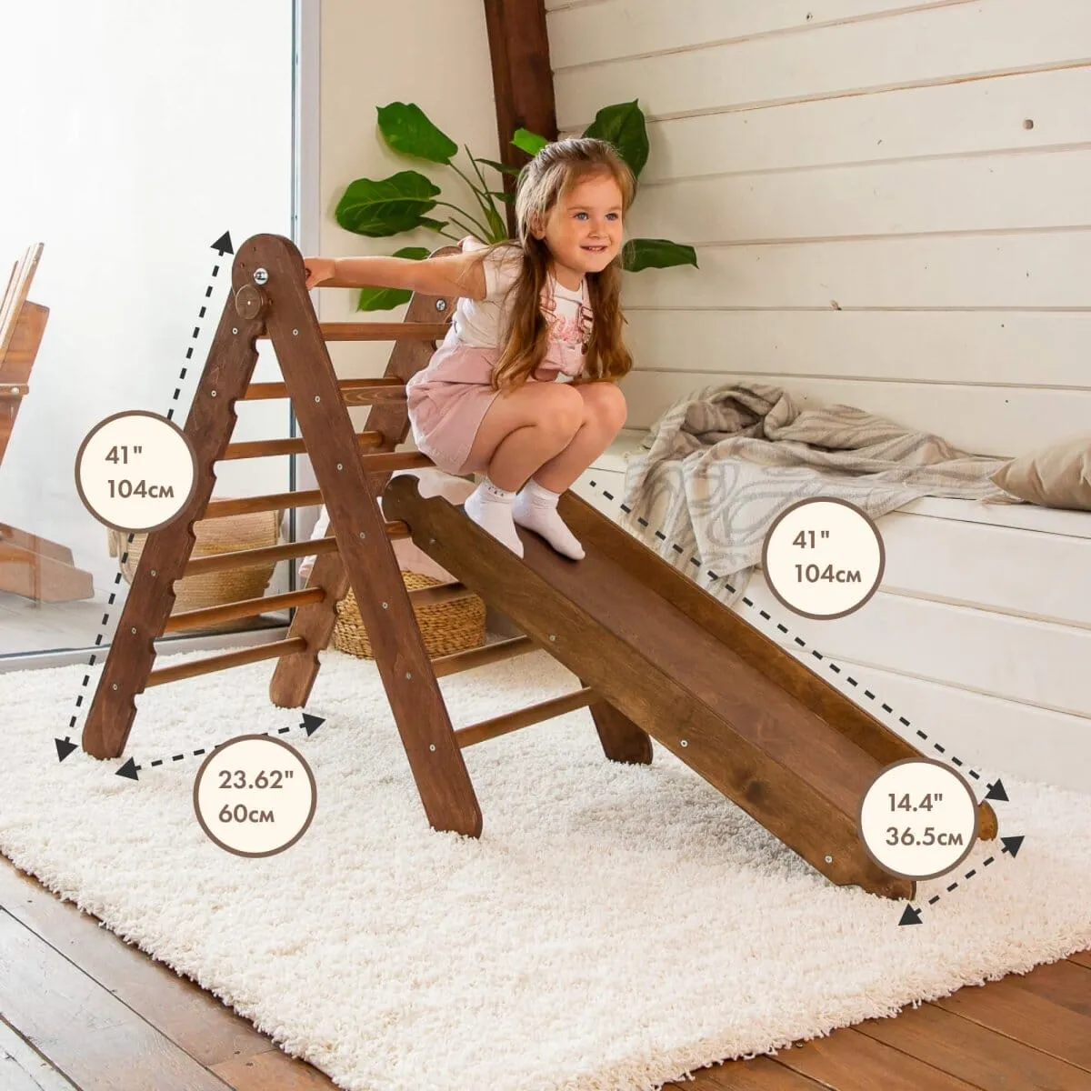 2in1 Montessori Climbing Frame Set: Triangle Ladder   Slide Board/Ramp | Chocolate