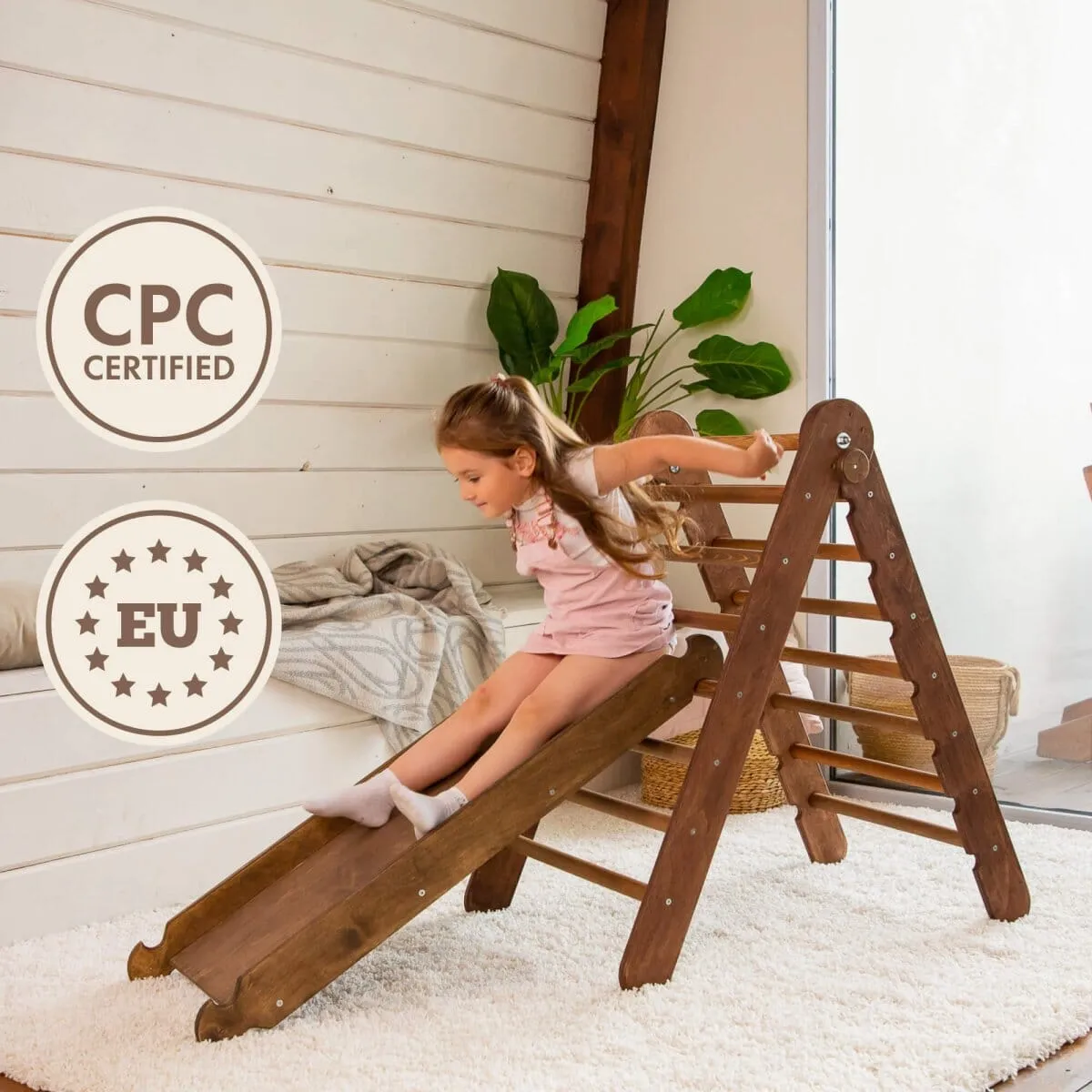 2in1 Montessori Climbing Frame Set: Triangle Ladder   Slide Board/Ramp | Chocolate