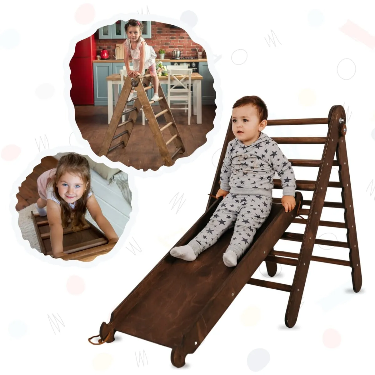 2in1 Montessori Climbing Frame Set: Triangle Ladder   Slide Board/Ramp | Chocolate