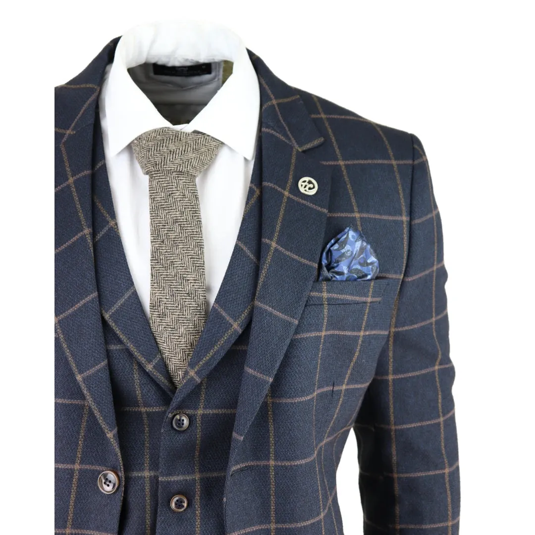 AK-15 - Men's Blue 3 Piece Suit Tan Check Classic Wedding Prom Peaky Tweed