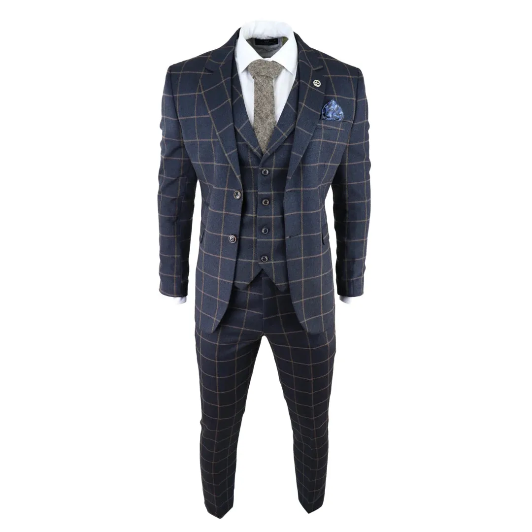 AK-15 - Men's Blue 3 Piece Suit Tan Check Classic Wedding Prom Peaky Tweed