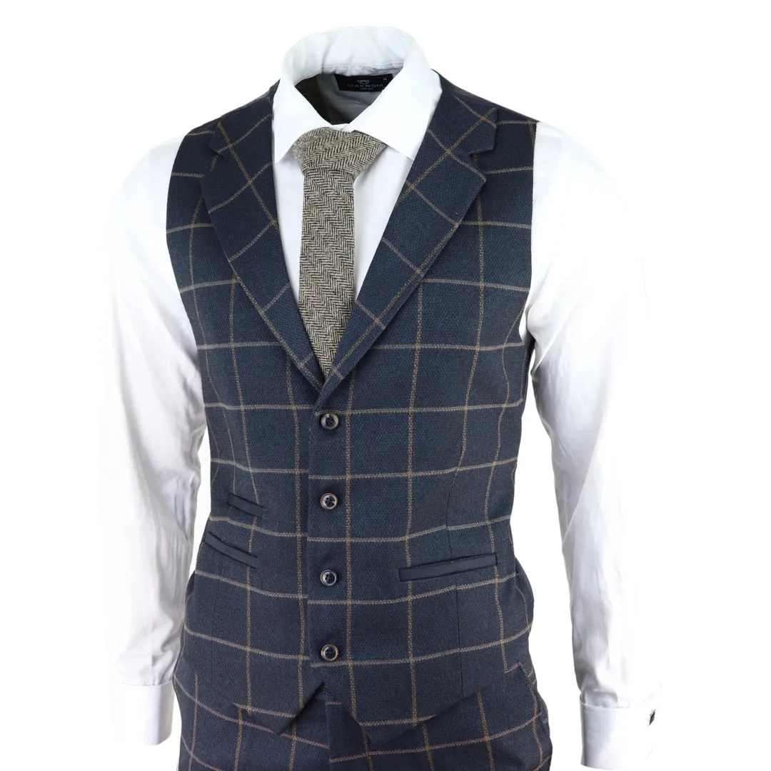 AK-15 - Men's Blue 3 Piece Suit Tan Check Classic Wedding Prom Peaky Tweed