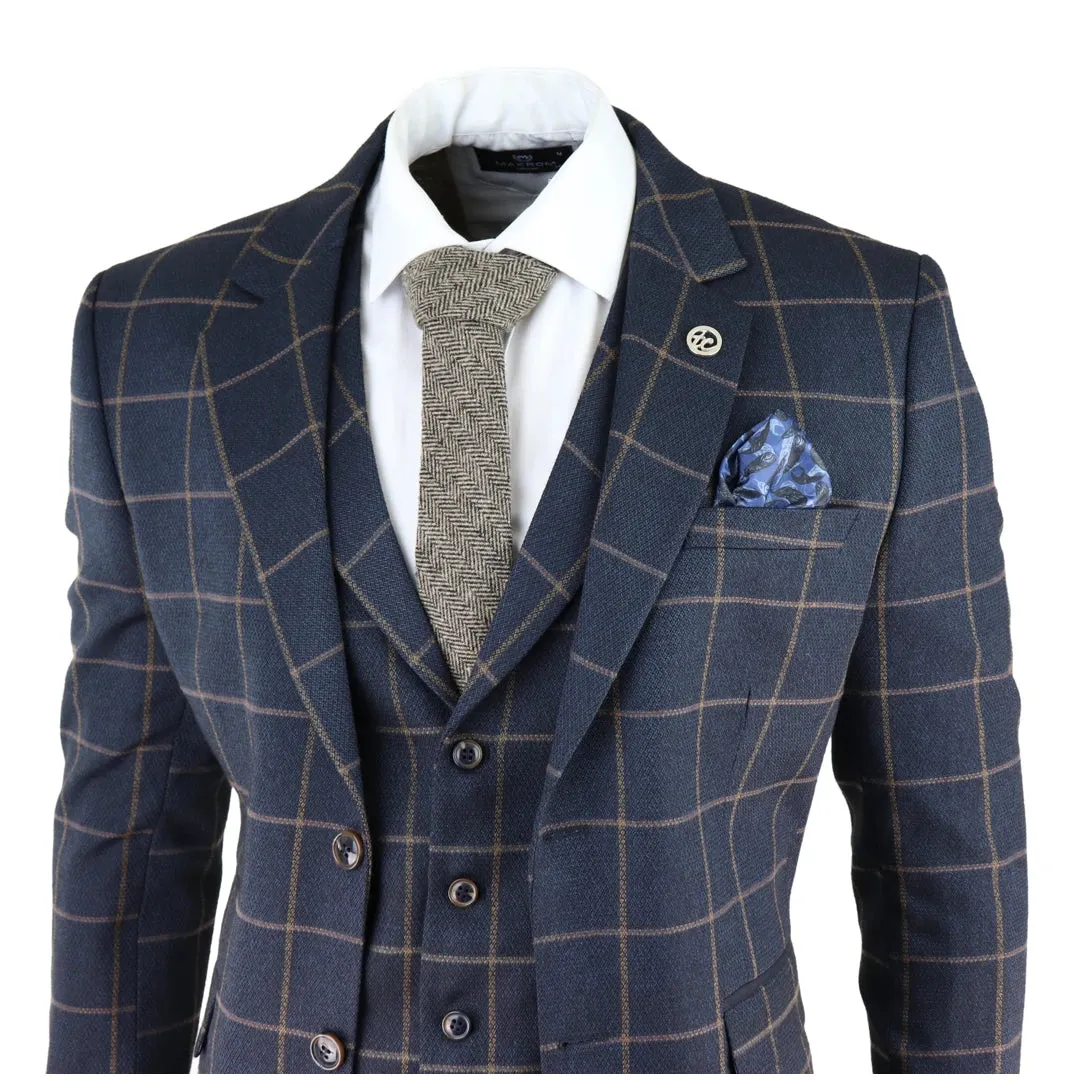 AK-15 - Men's Blue 3 Piece Suit Tan Check Classic Wedding Prom Peaky Tweed