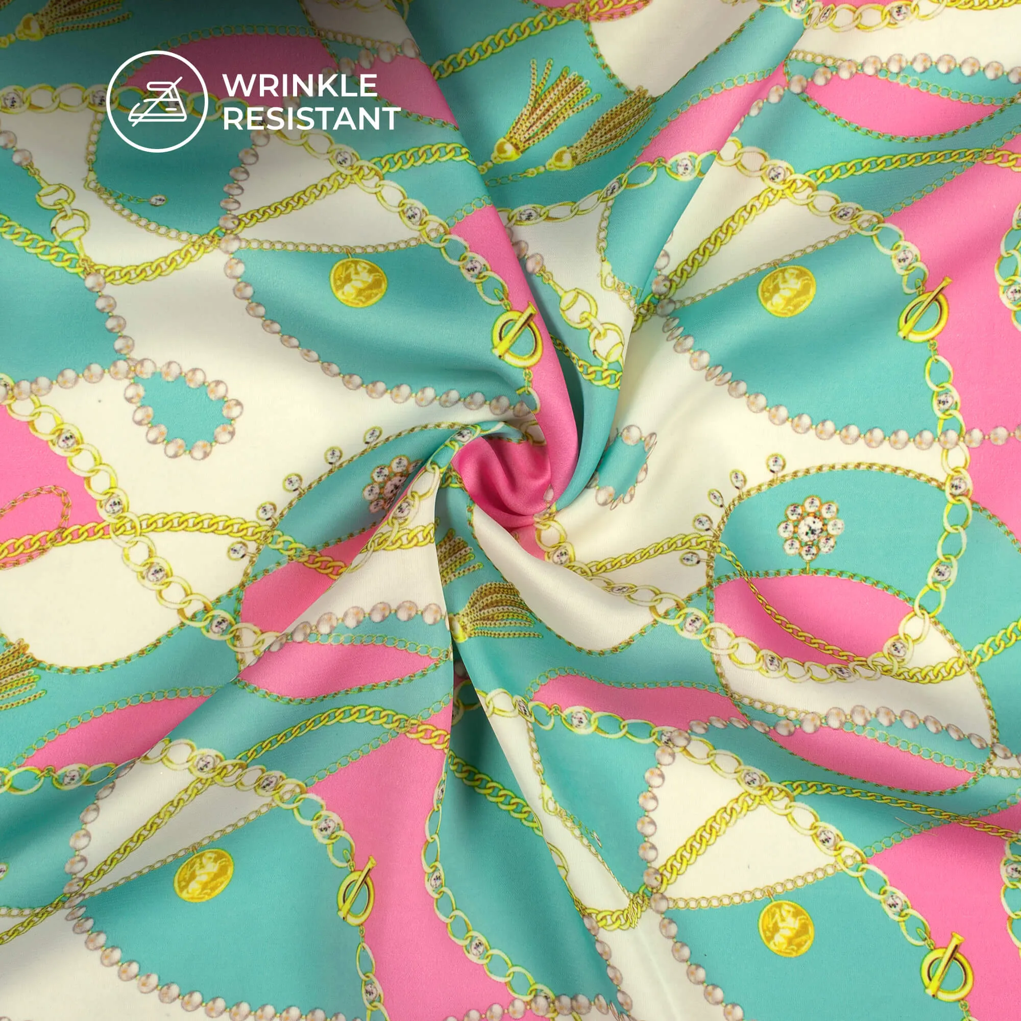 Aqua Green And Taffy Pink Chain Digital Print Imported Satin Fabric