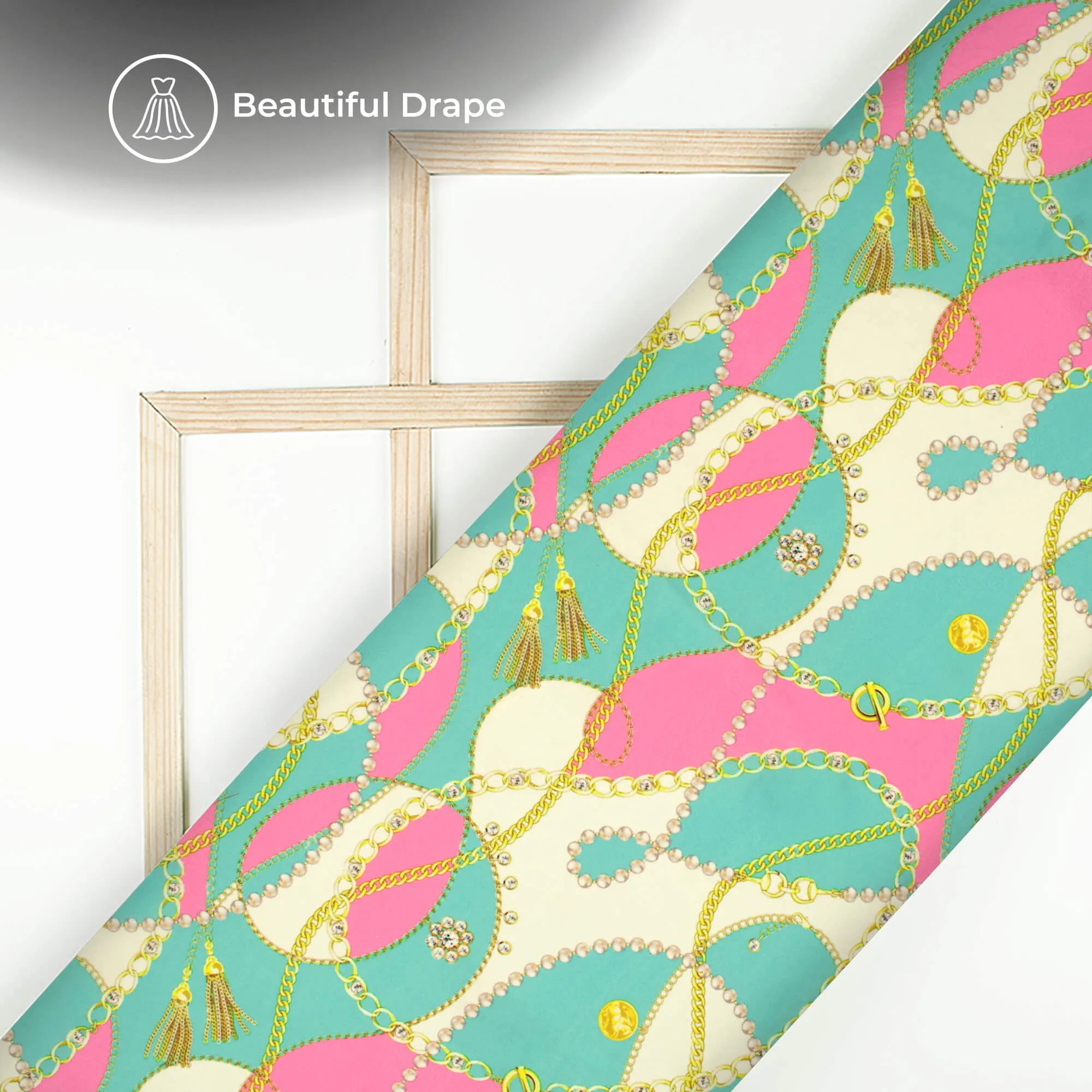 Aqua Green And Taffy Pink Chain Digital Print Imported Satin Fabric