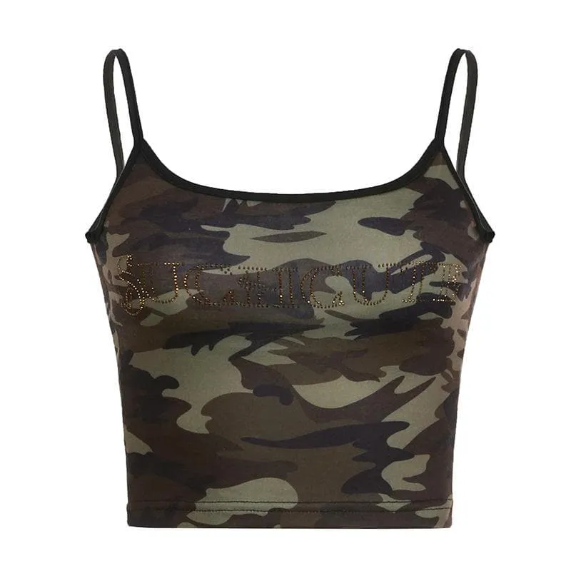 BerryBetty - Camouflage beaded u neck contrast cami crop top