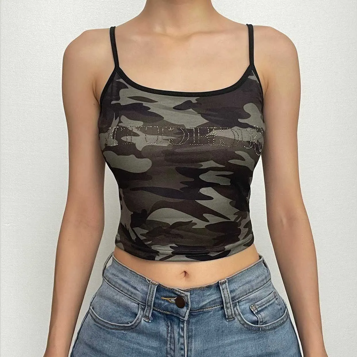 BerryBetty - Camouflage beaded u neck contrast cami crop top