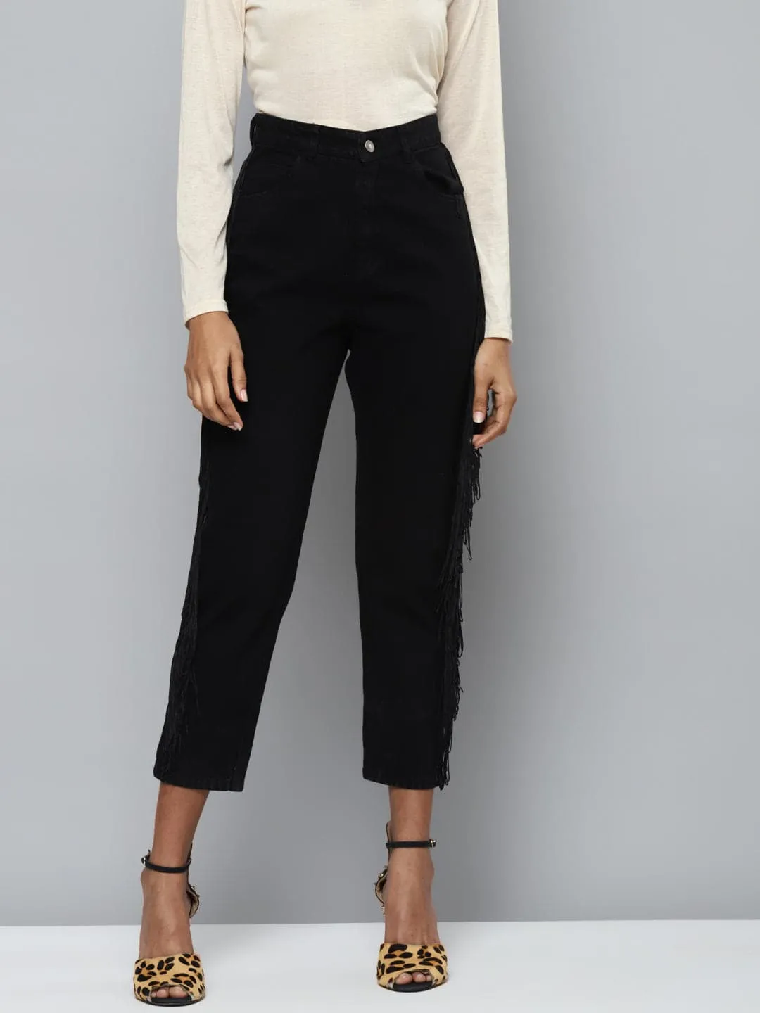 Black Denim Side Fringe Lace Detail Mom Jeans