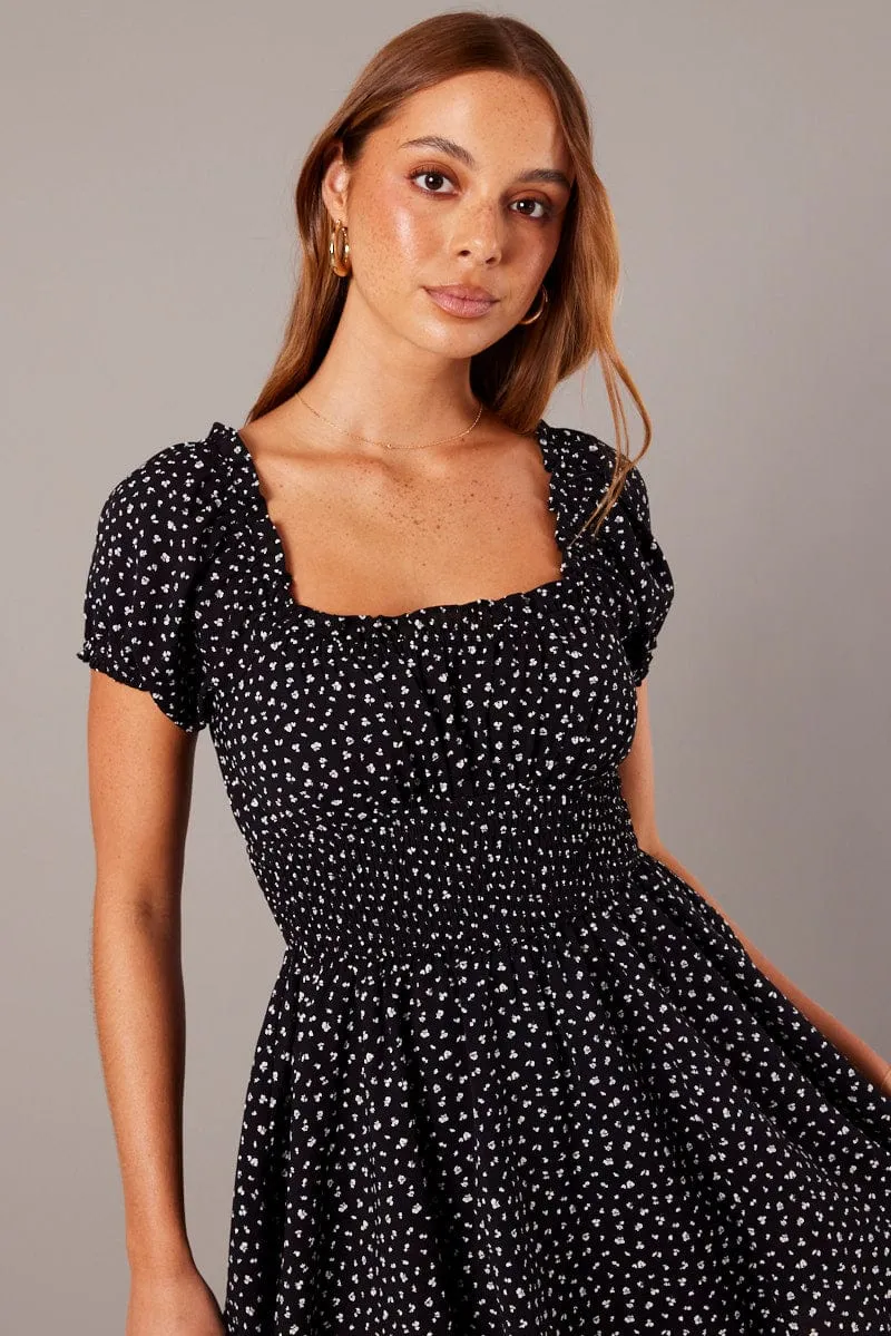 Black Ditsy Ruffle Playsuit Short Sleeve