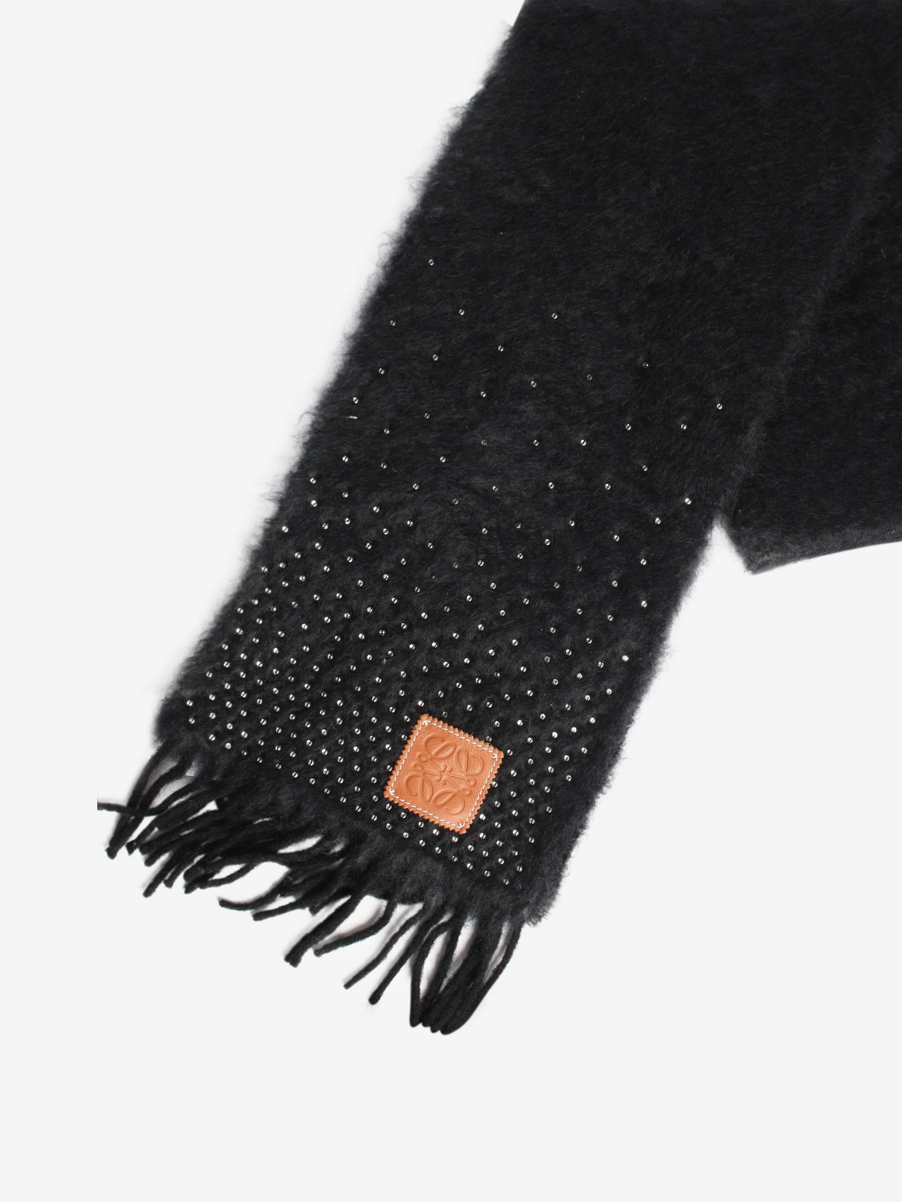 Black sequin embellished mohair-blend fringe scarf