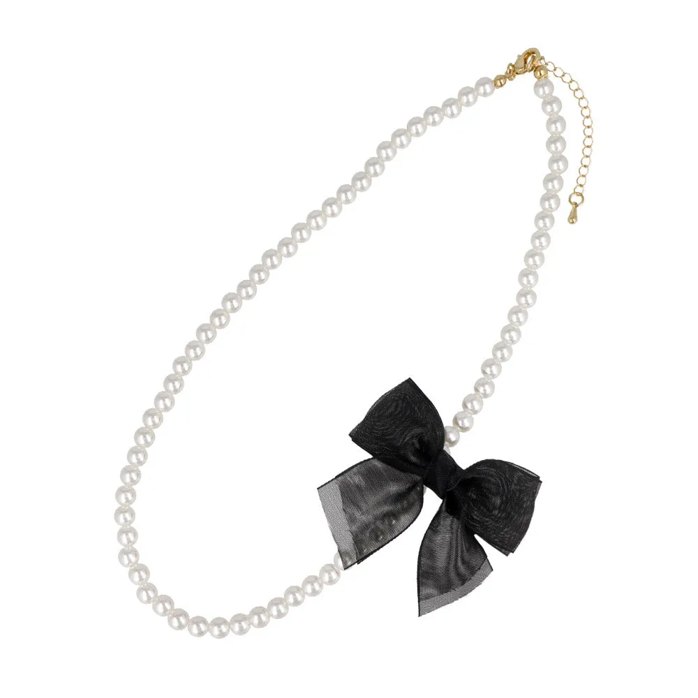 Black Sheer Bow Pearl Chain Necklace