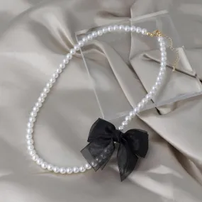 Black Sheer Bow Pearl Chain Necklace