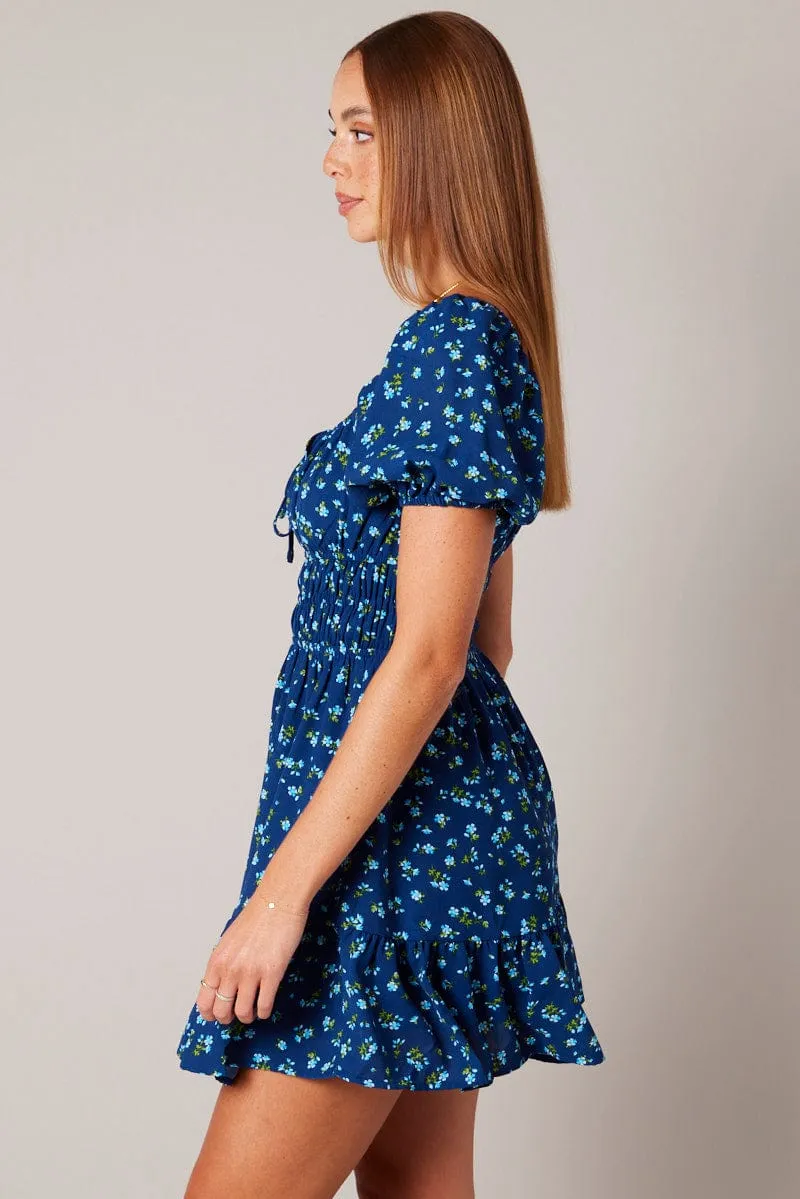 Blue Ditsy Fit And Flare Dress Puff Sleeve Mini