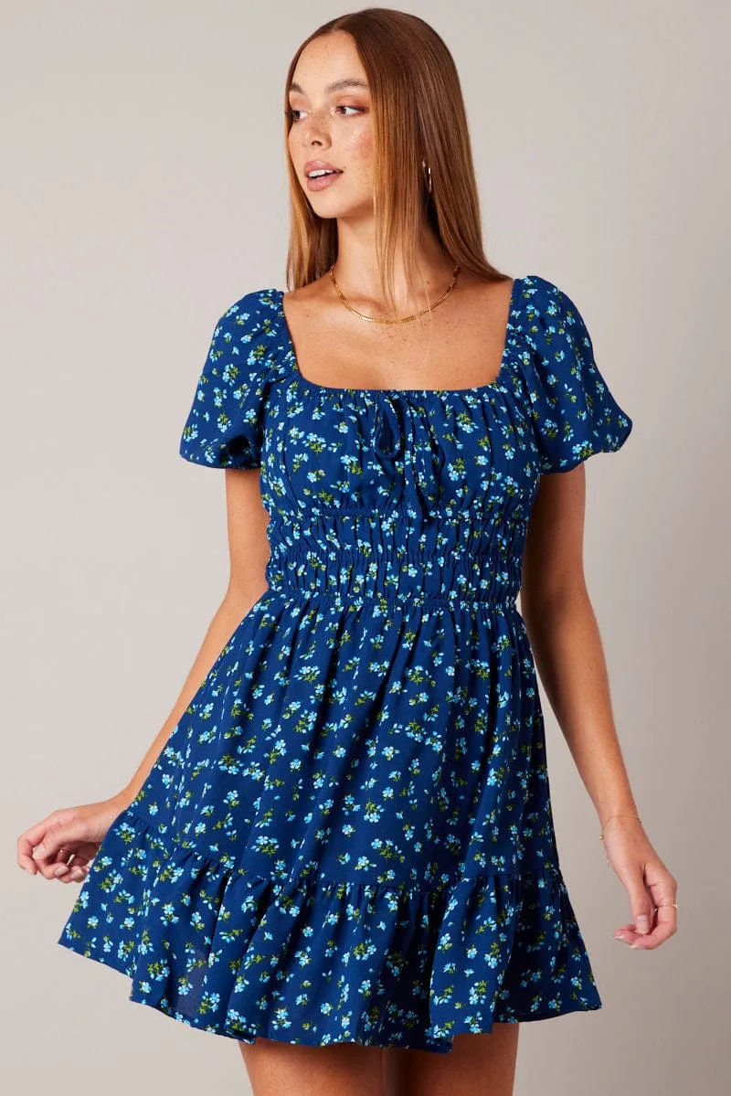 Blue Ditsy Fit And Flare Dress Puff Sleeve Mini