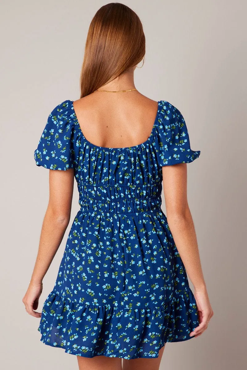 Blue Ditsy Fit And Flare Dress Puff Sleeve Mini