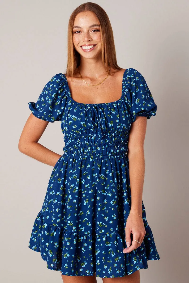 Blue Ditsy Fit And Flare Dress Puff Sleeve Mini