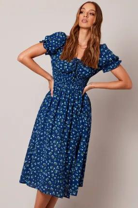 Blue Ditsy Midi Dress Short Sleeve Ruched Bust