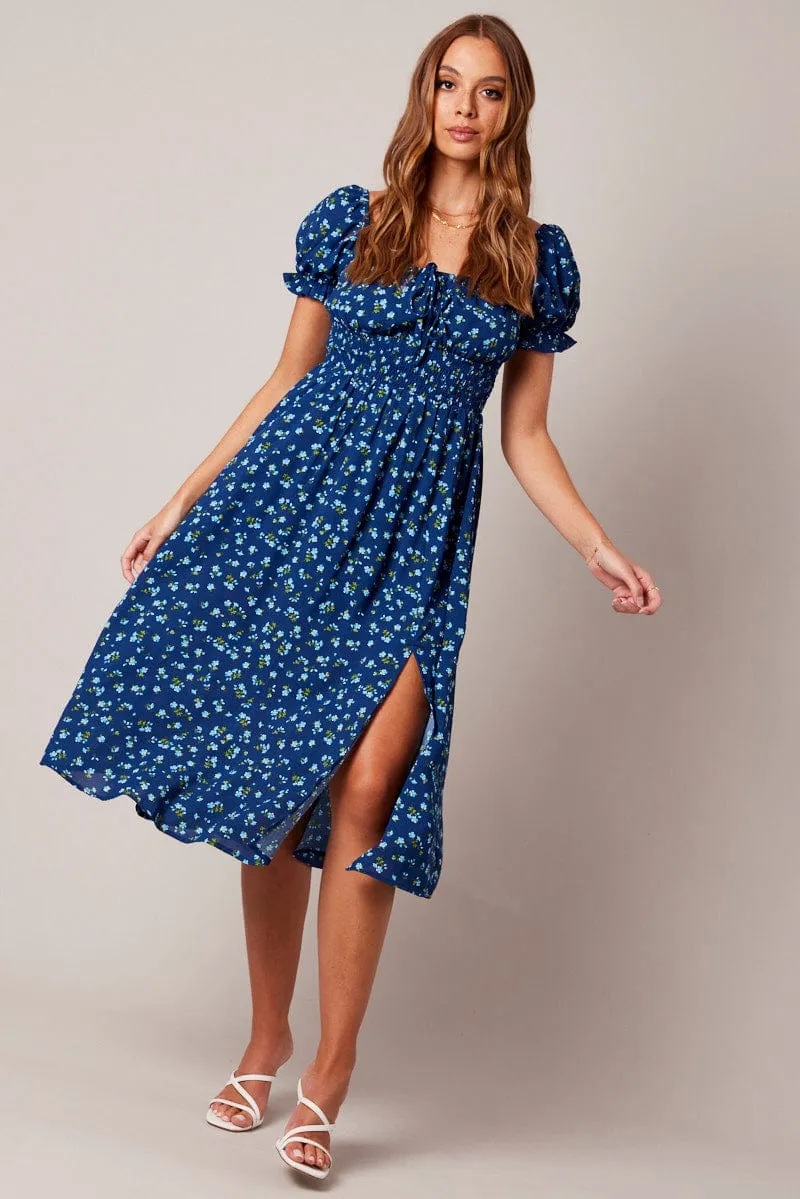 Blue Ditsy Midi Dress Short Sleeve Ruched Bust