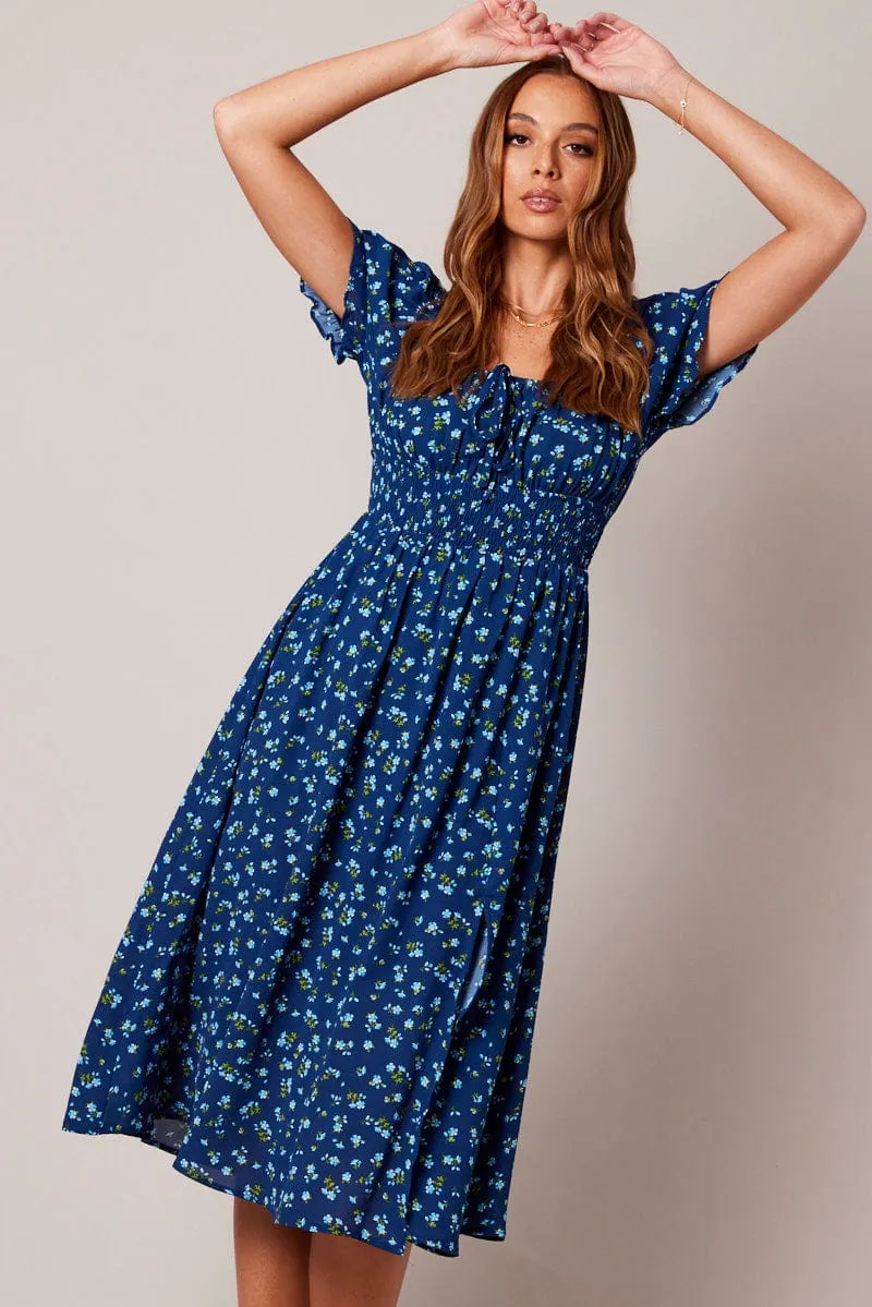 Blue Ditsy Midi Dress Short Sleeve Ruched Bust