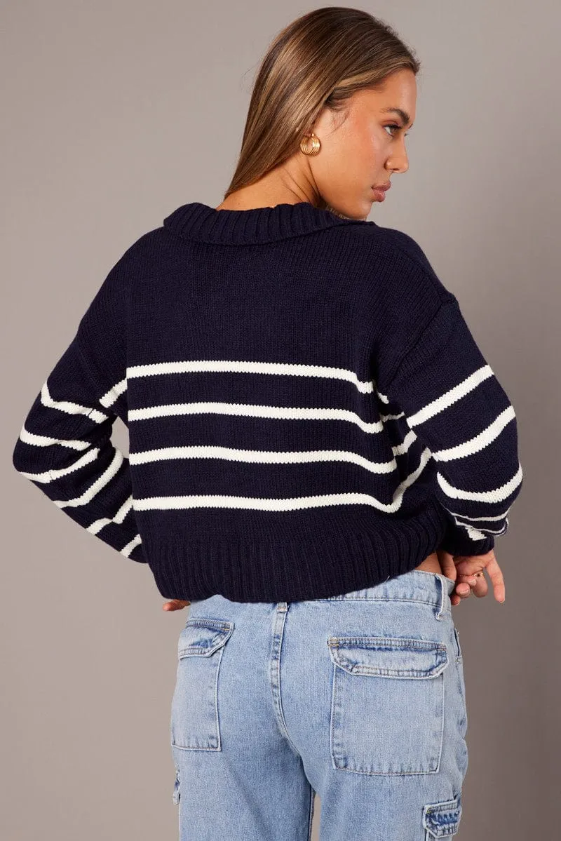 Blue Stripe Knit Top Long Sleeve Collared Jumper