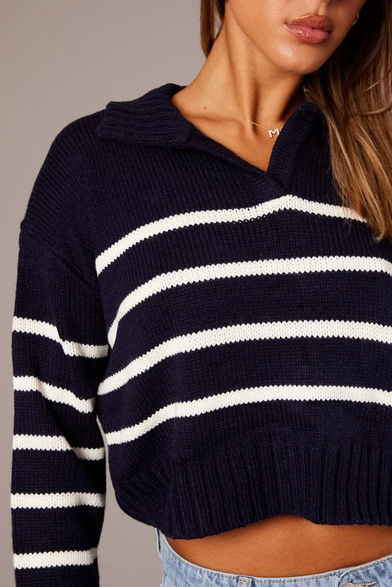 Blue Stripe Knit Top Long Sleeve Collared Jumper