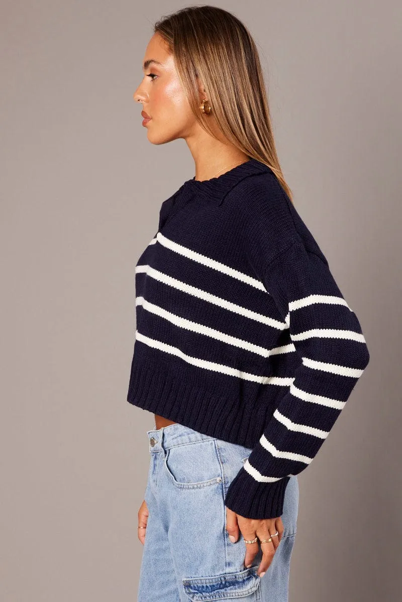 Blue Stripe Knit Top Long Sleeve Collared Jumper