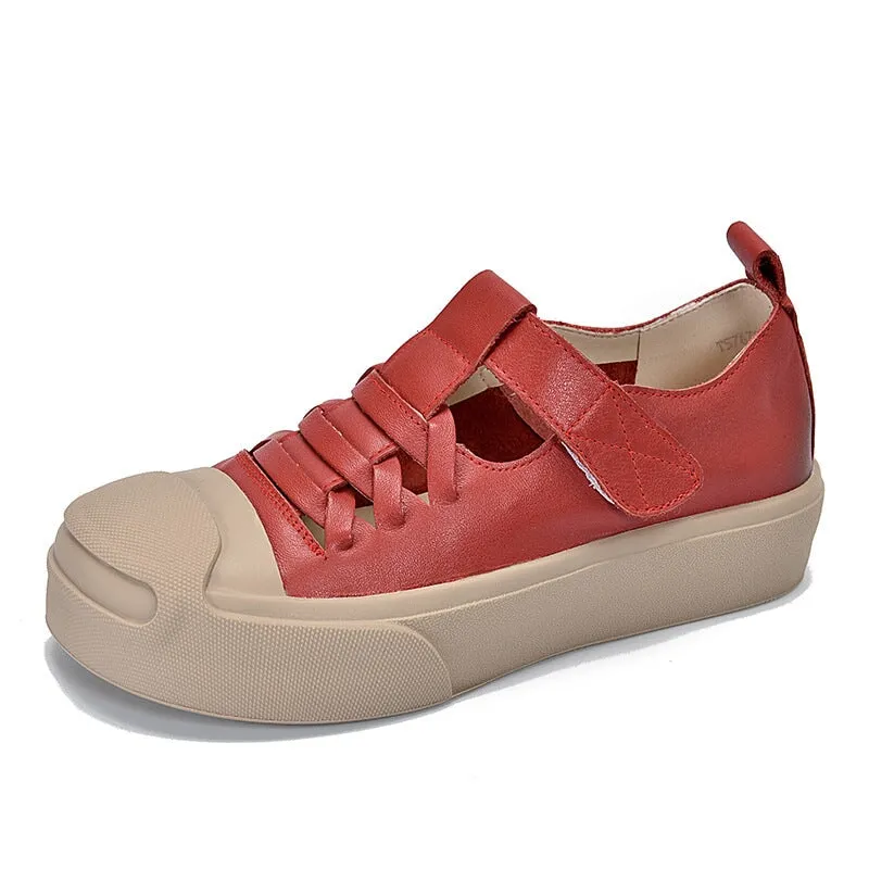 Braid Leather Rubber Toecap Sneakers for Women Touch-strap in Red/Purple/Beige