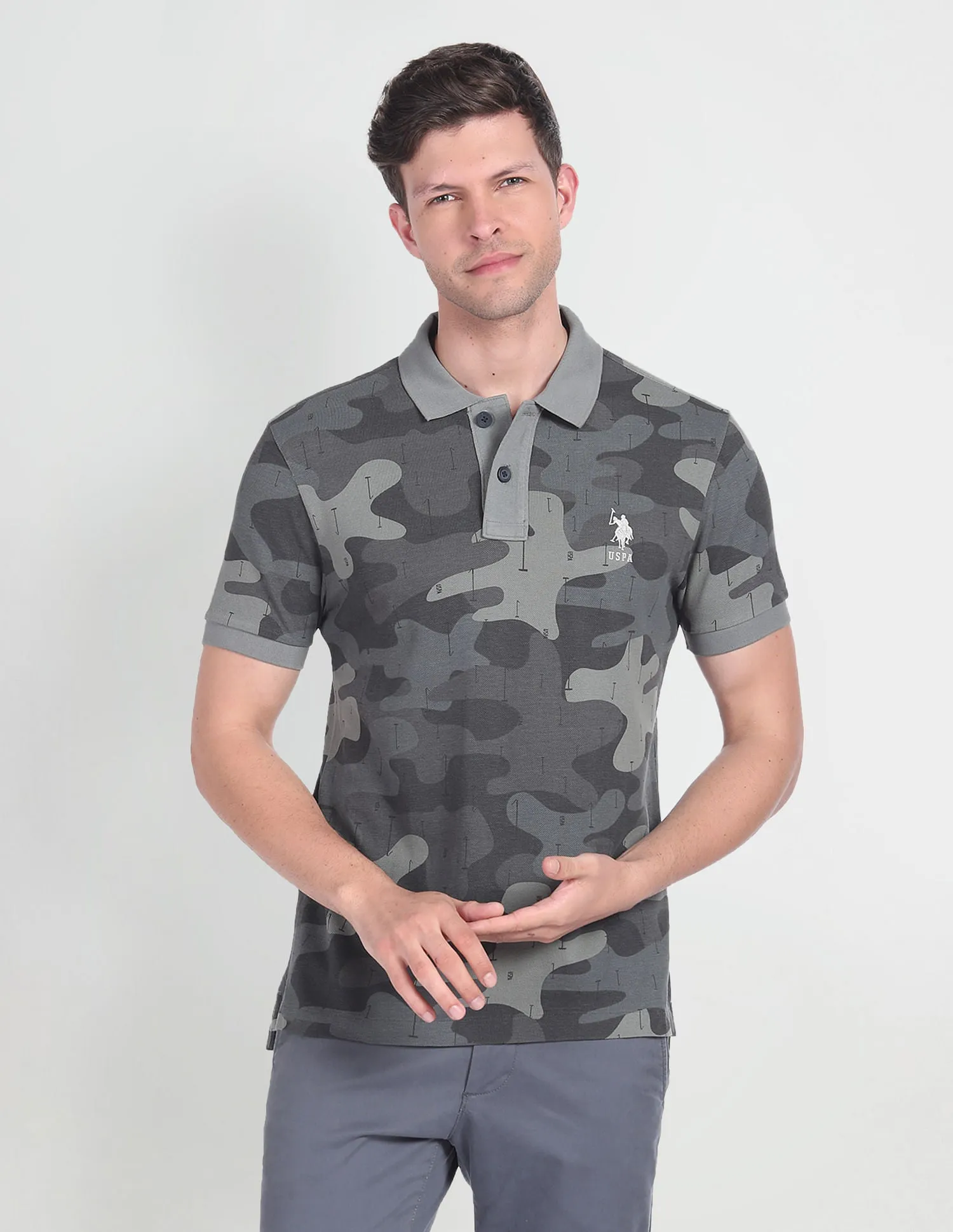 Camouflage Print Cotton Polo Shirt