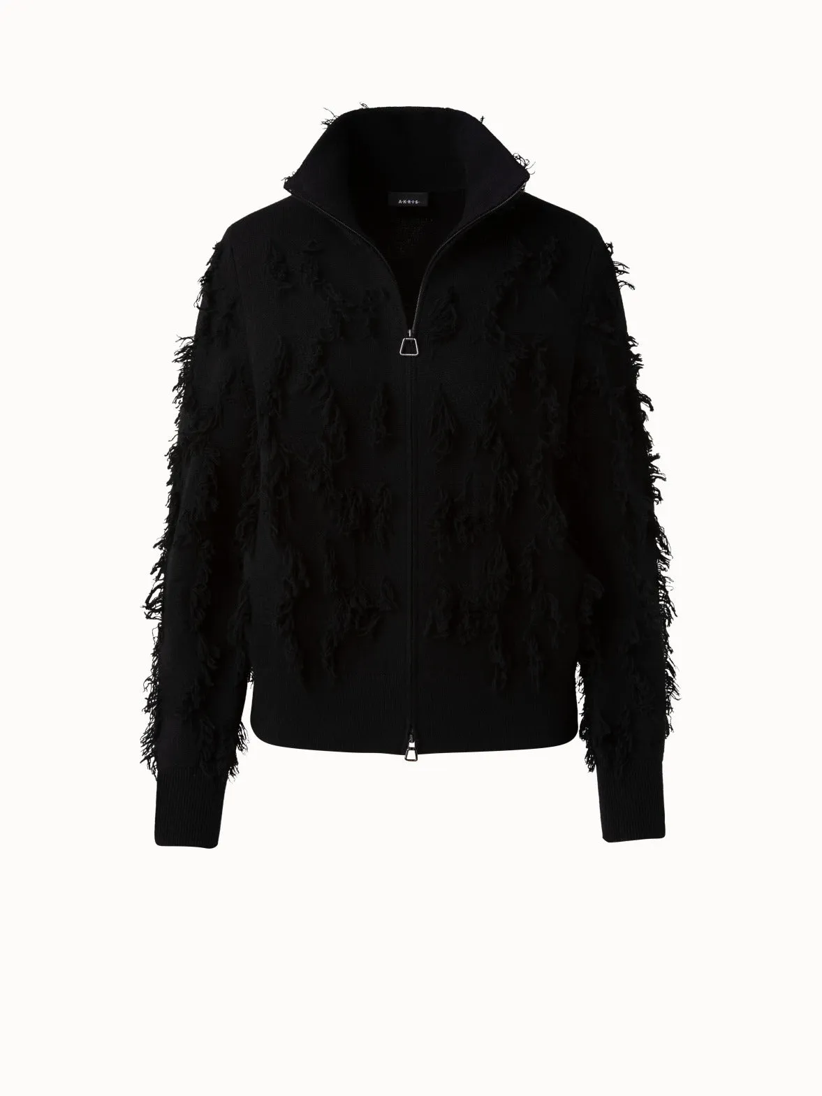 Cashmere Fringe Square Jacquard Knit Blouson