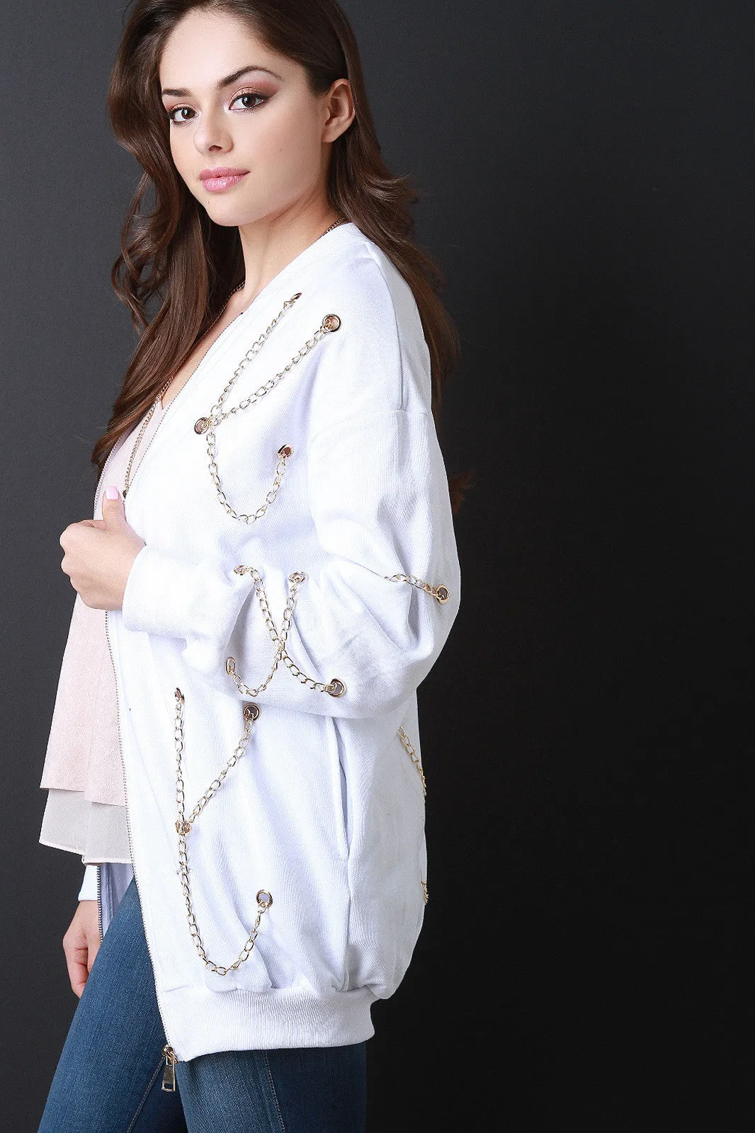 Chain Accent Zip Up Longline Jacket