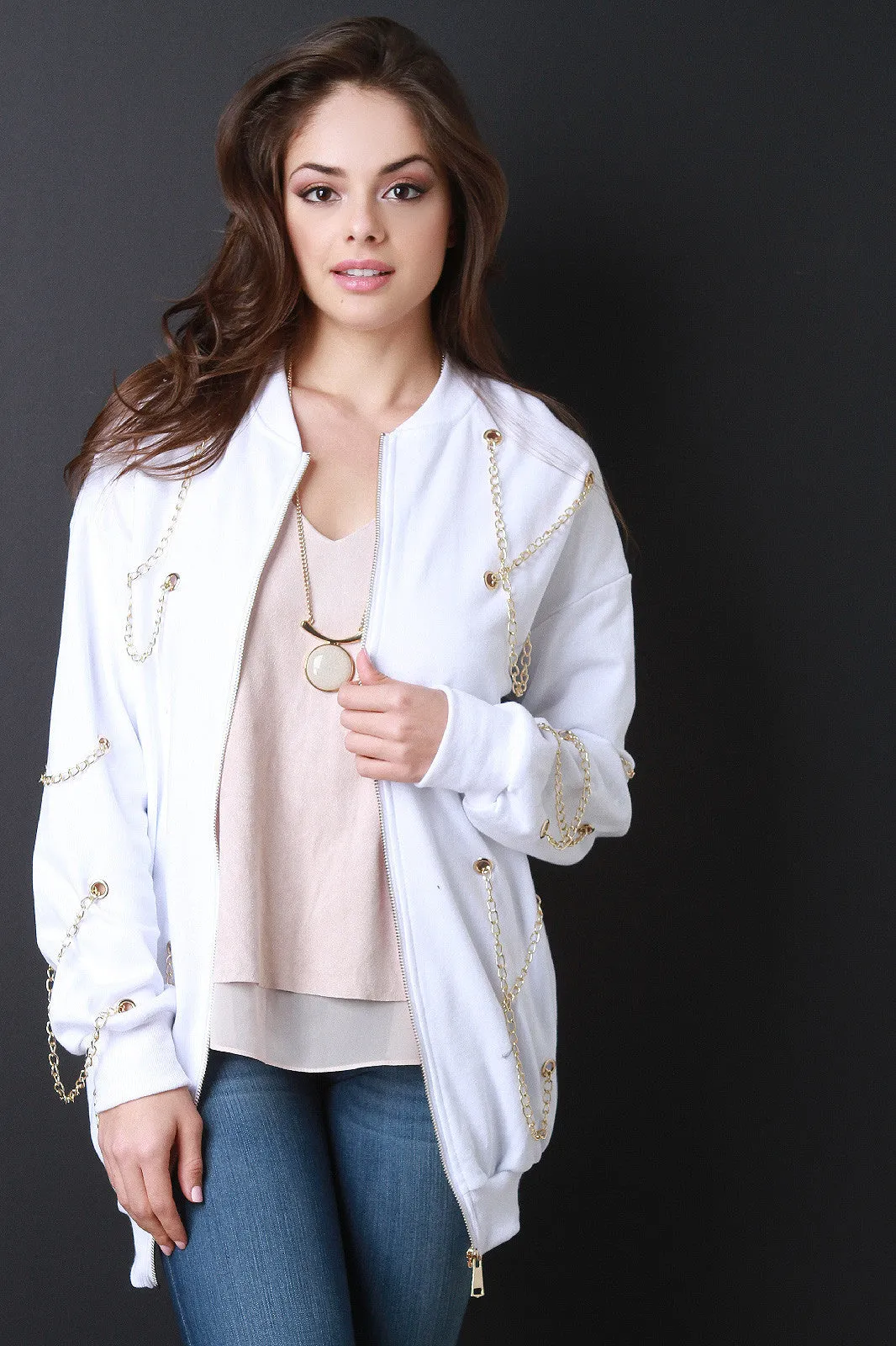 Chain Accent Zip Up Longline Jacket