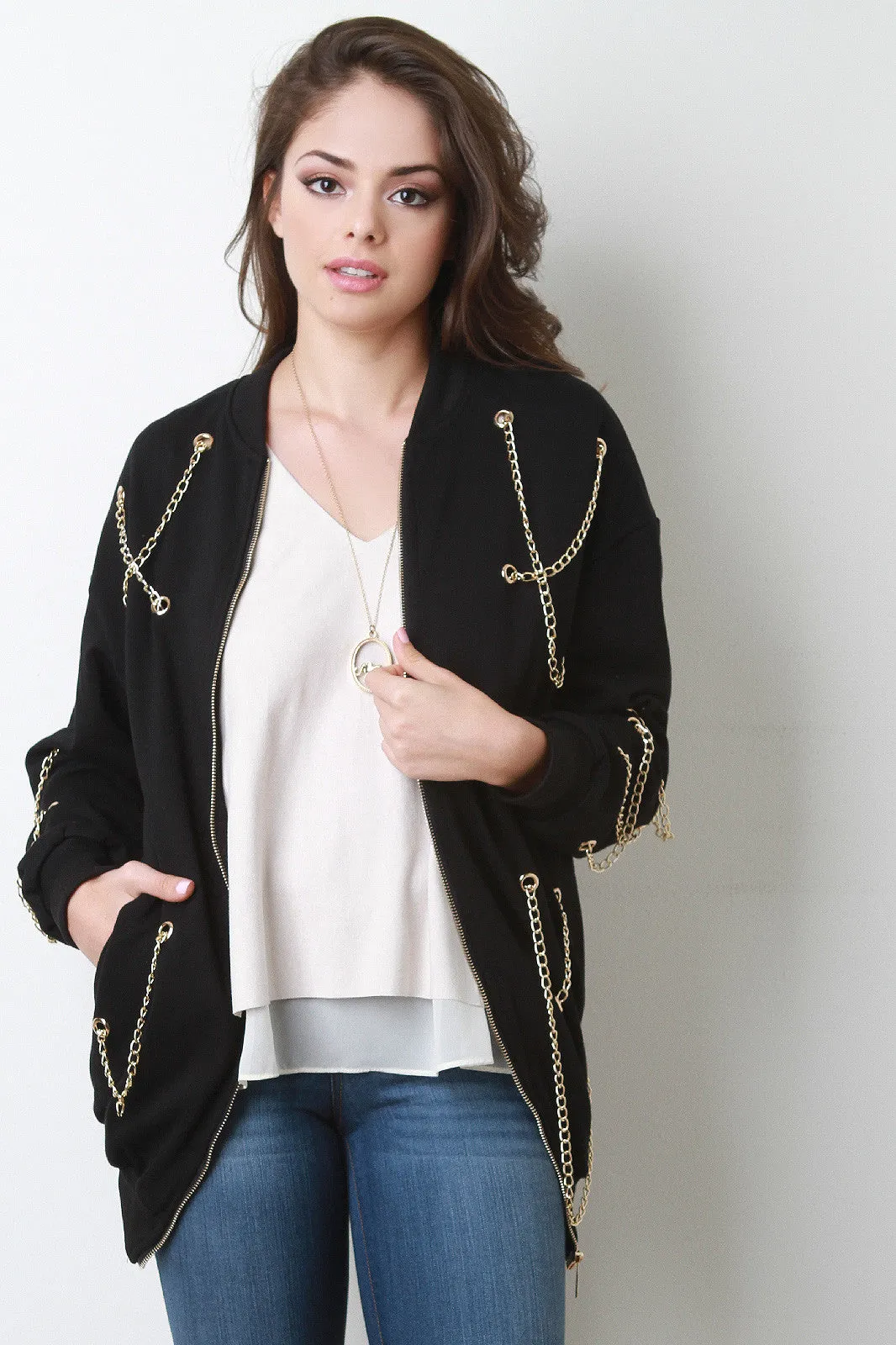 Chain Accent Zip Up Longline Jacket