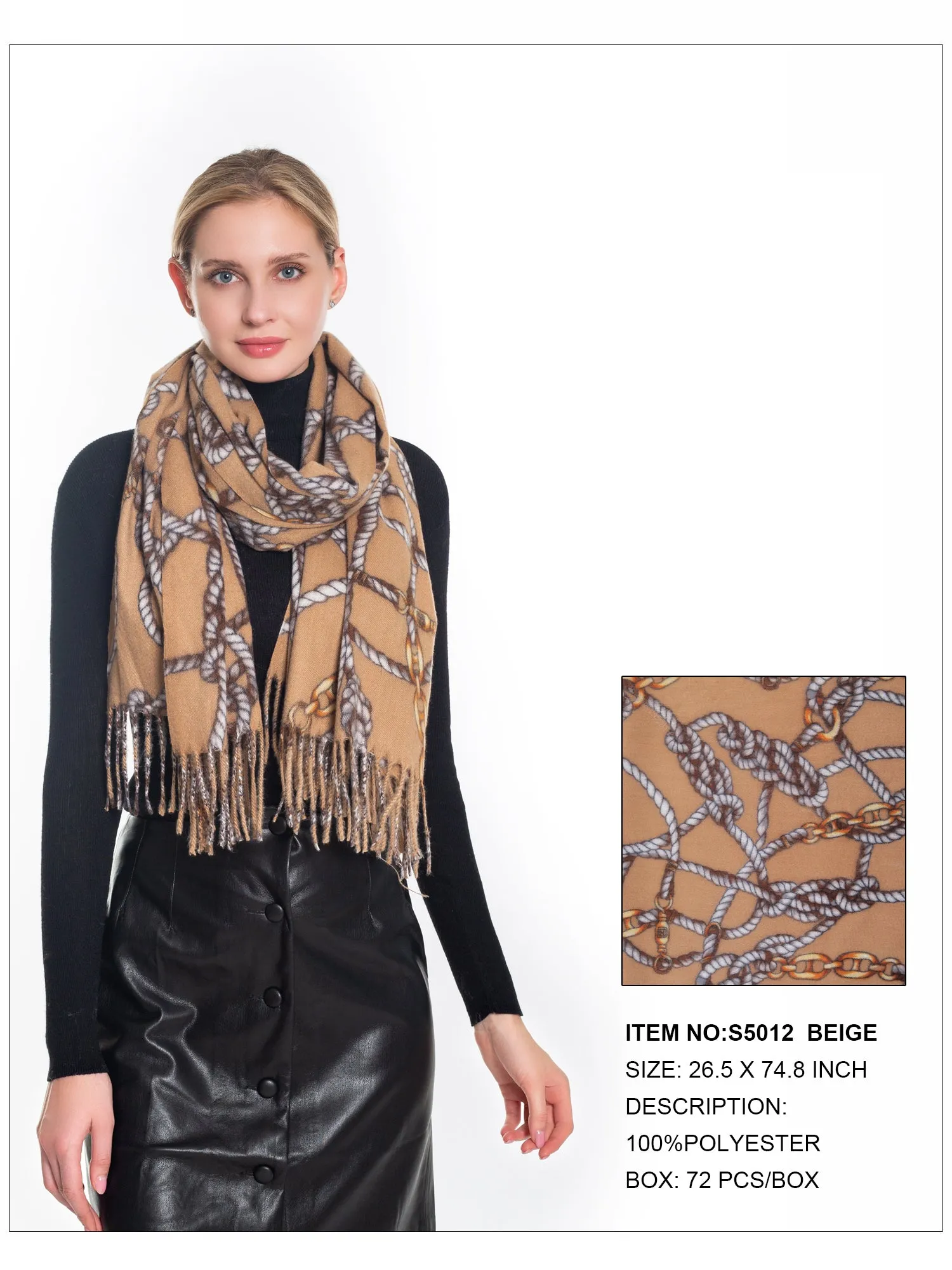 Chain Print Fringe Scarf-Beige