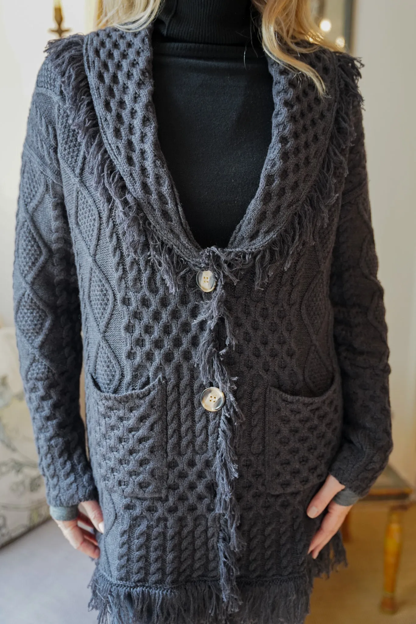 Dark Grey Fringe Cable Coat