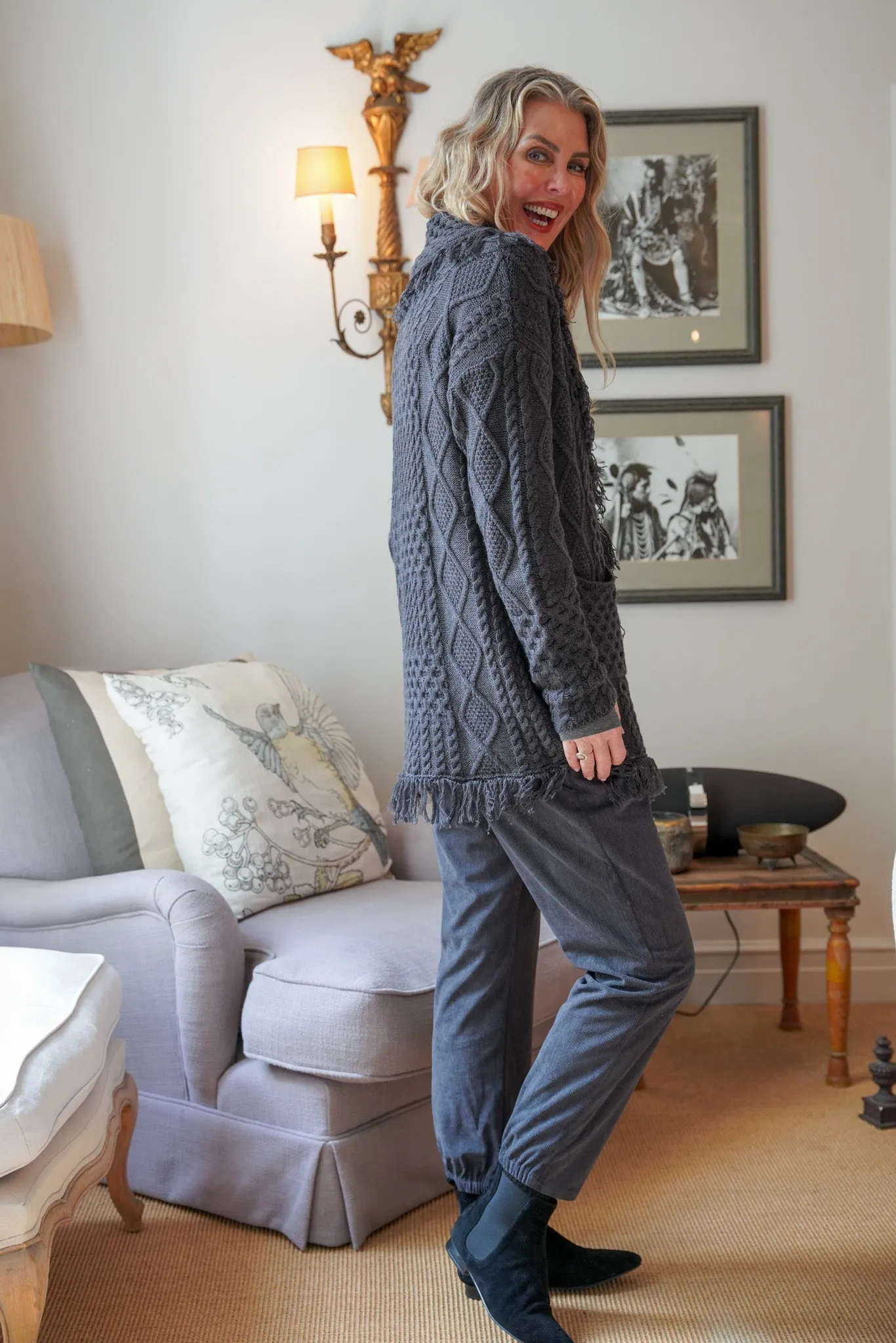 Dark Grey Fringe Cable Coat