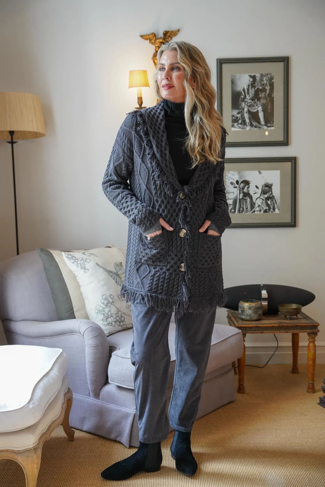 Dark Grey Fringe Cable Coat