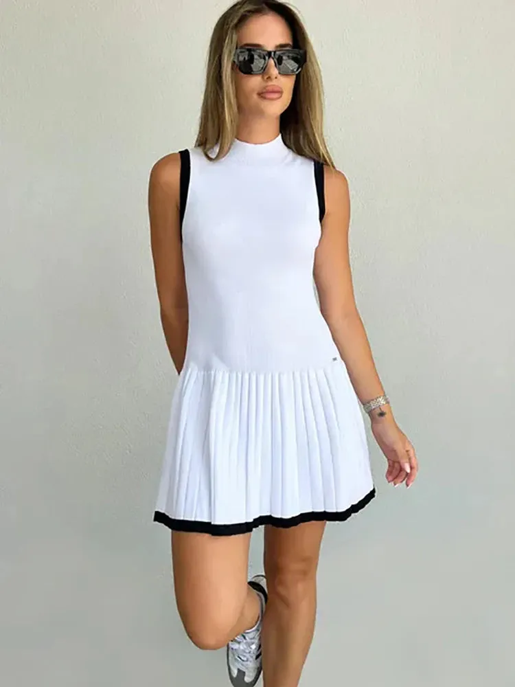 Fantoye Knitted Sexy Round Neck White Mini Dress, Sleeveless Pleated High Waist Autumn Skinny Casual Sporty Dress for Women