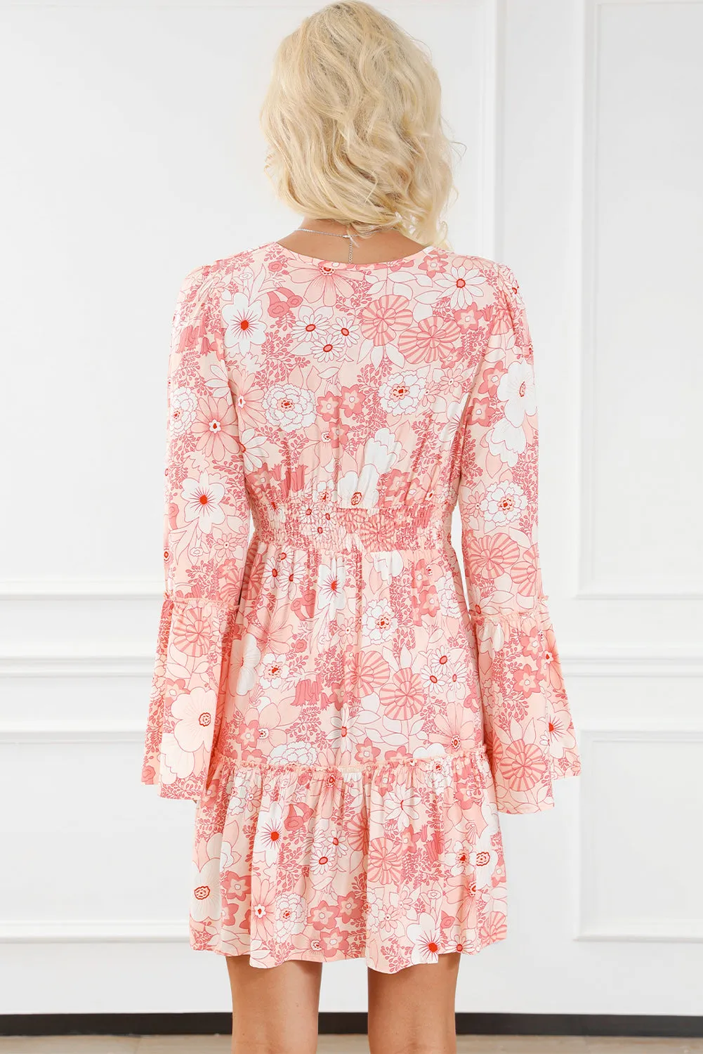 Floral Smocked High Waist Bell Sleeve Mini Dress