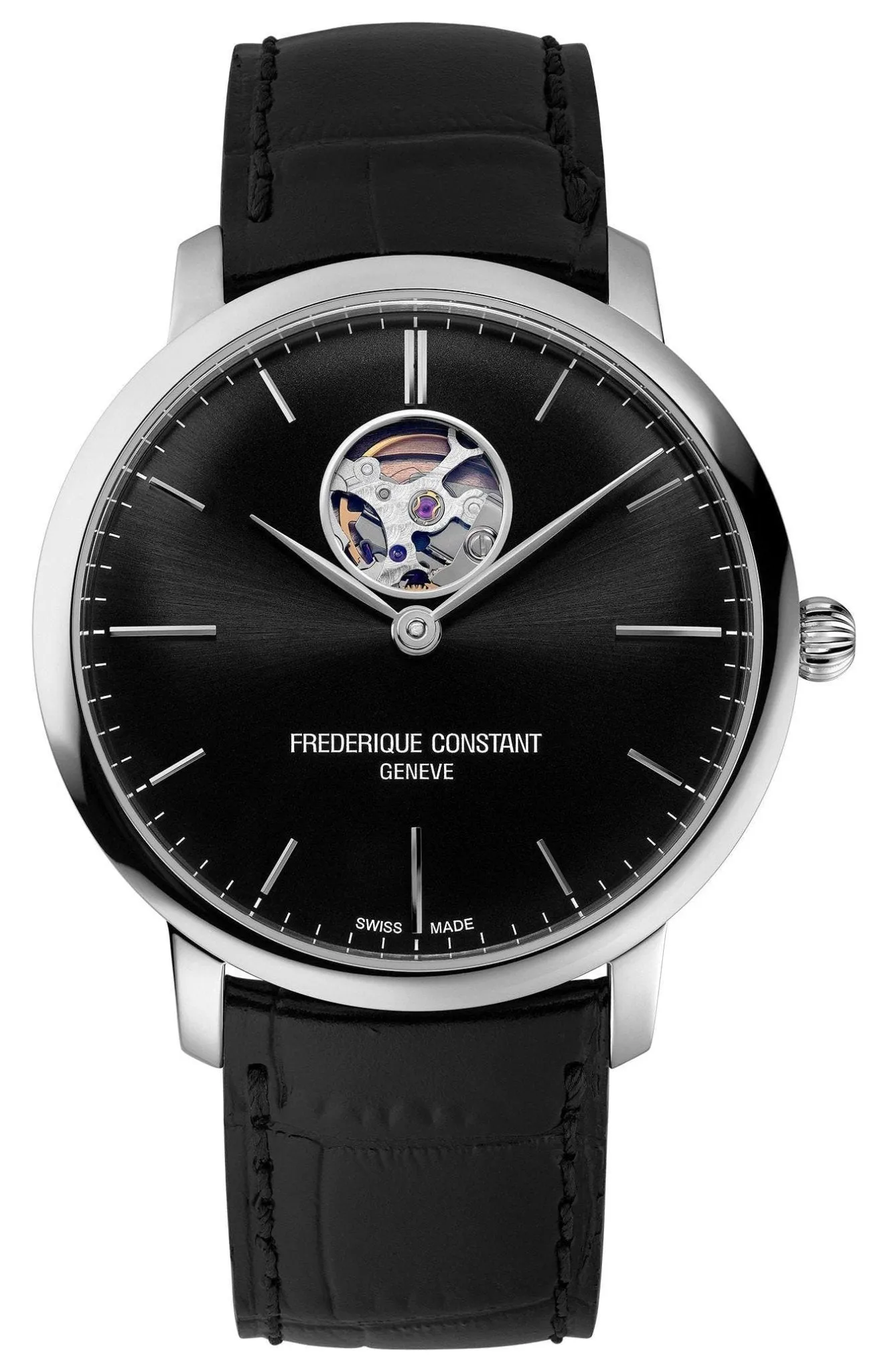 Frederique Constant Slimline Heart Beat Automatic Stainless Steel Black Dial Black Leather Strap Mens Watch FC-312B4S6