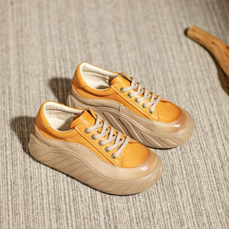 Genuine Leather Low-top 40mm Platform Sneakers for Women Lace Up in Orange/Brown/Khaki