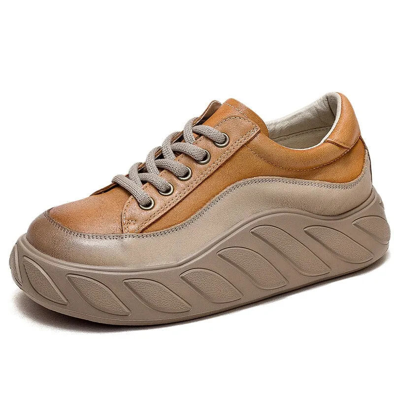 Genuine Leather Low-top 40mm Platform Sneakers for Women Lace Up in Orange/Brown/Khaki