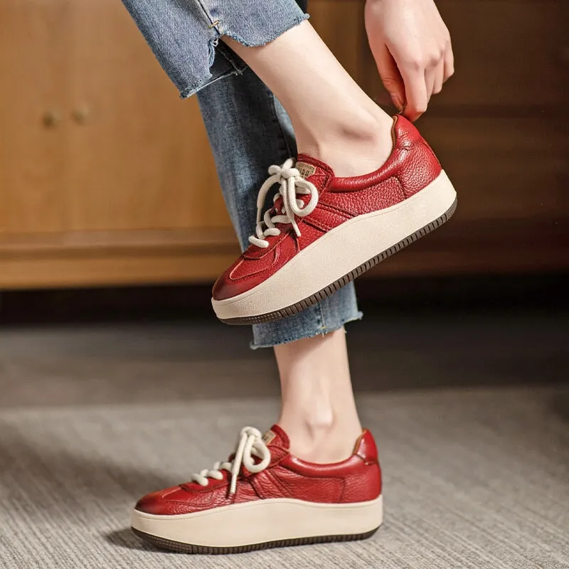 Genuine Leather Low-top 40mm Platform Sneakers for Women Lace Up in Red/Beige