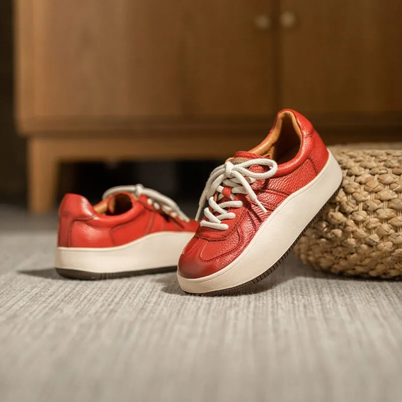 Genuine Leather Low-top 40mm Platform Sneakers for Women Lace Up in Red/Beige