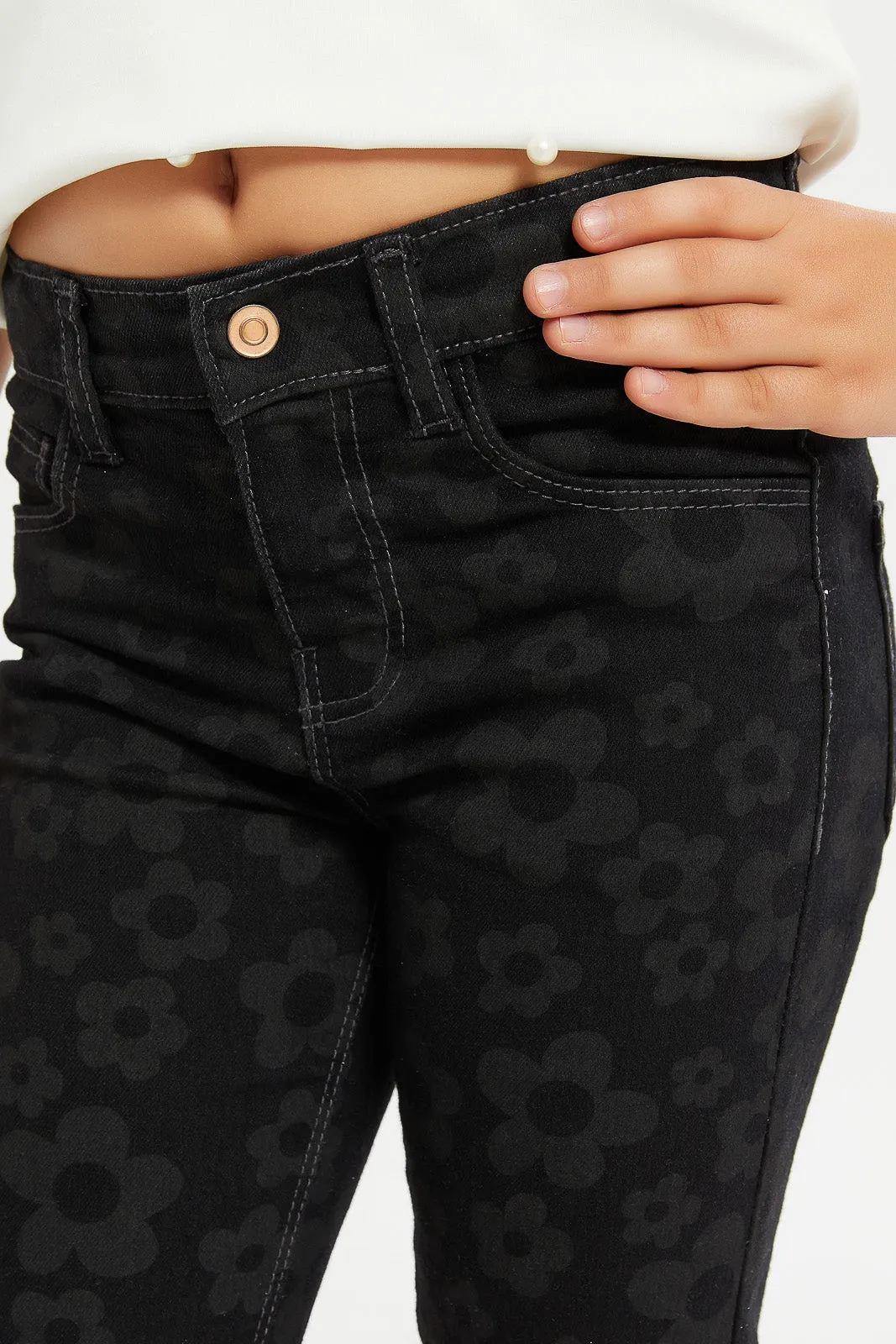 Girls Black Allover Flower Print Jeans