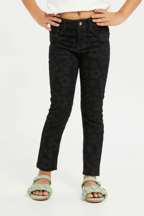 Girls Black Allover Flower Print Jeans