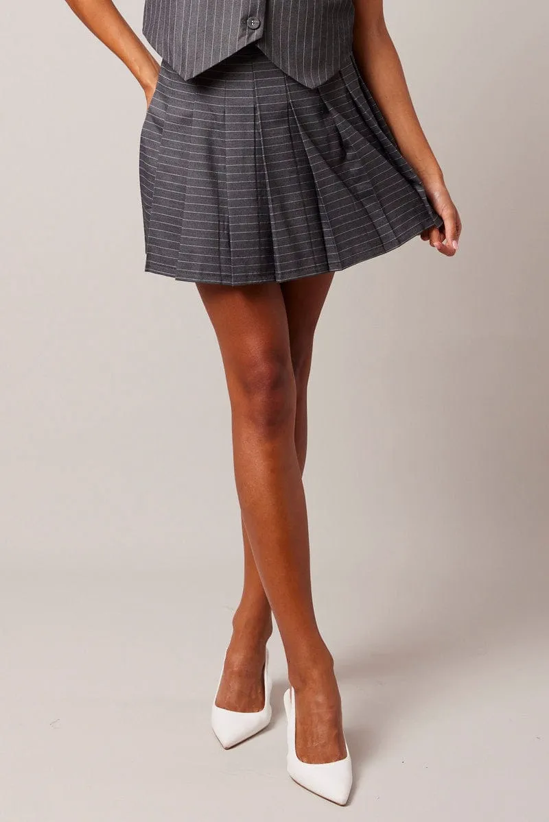 Grey Stripe Tennis Skirt Pleated Mini